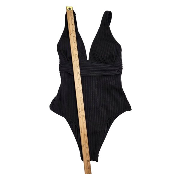 Black Ribbed One-Piece Swimsuit  Plunge Neckline Waist Detail Cupshe  Size S - Picture 8 of 9